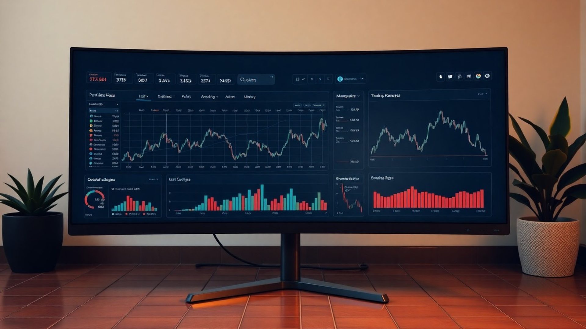 Panel de trading con métricas en tiempo real sobre fondo azul marino